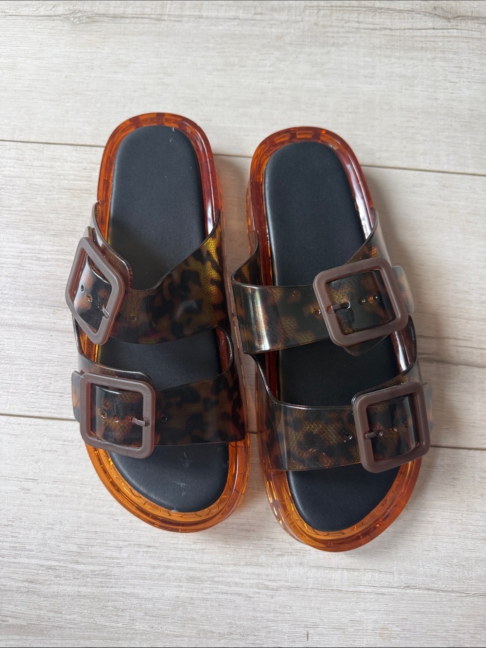 BNWT Tortoiseshell Double Buckle Slide Sandals - Brown/Amber
